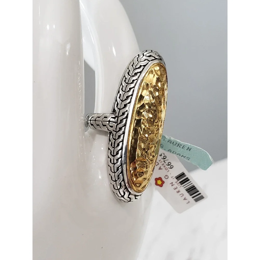 Gold Silver Two Tone Hammered Oval Ring Brutalist Industrial Renaissance Gothic